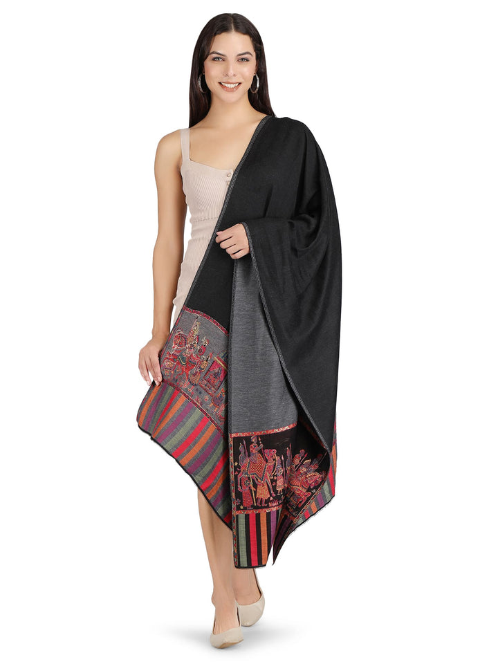 Him/Her Baarat Reversible Fine Wool Stole With Zari Work - Black & Grey