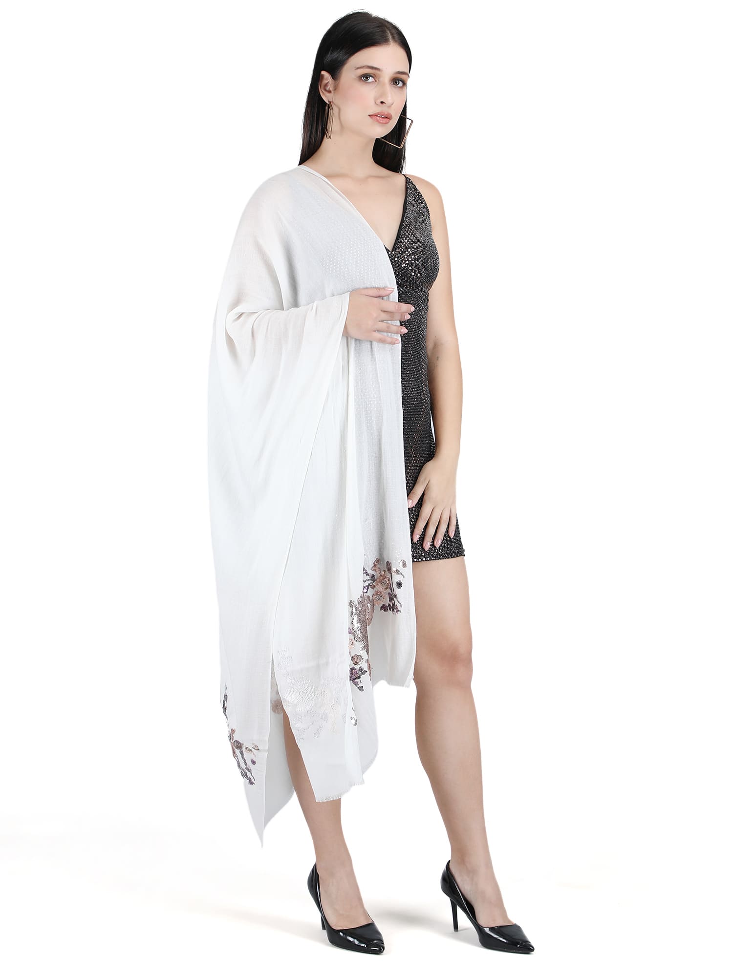 White Floral Sequins Fine Wool Stole - 305