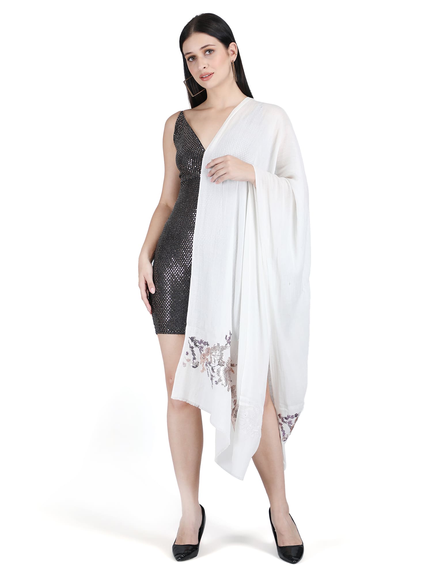 White Floral Sequins Fine Wool Stole - 305