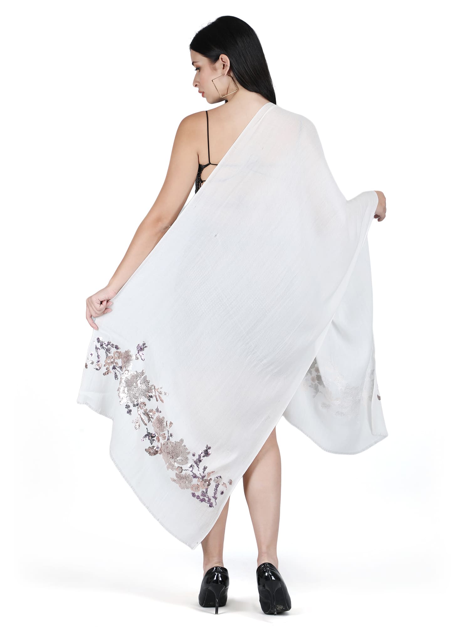 White Floral Sequins Fine Wool Stole - 305