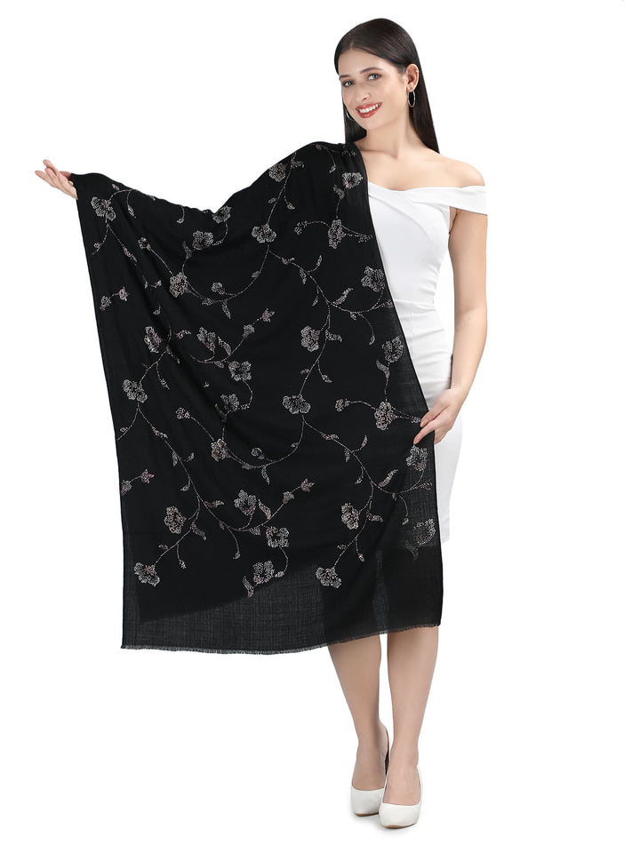 Jaal Crystals 100% Fine Wool Stole - 317- Black