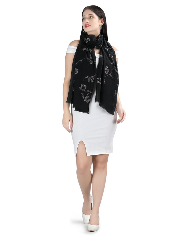Jaal Crystals 100% Fine Wool Stole - 317- Black