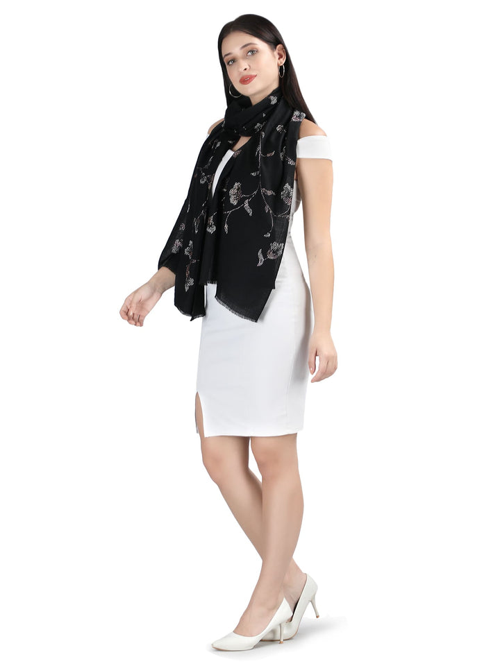 Jaal Crystals 100% Fine Wool Stole - 317- Black