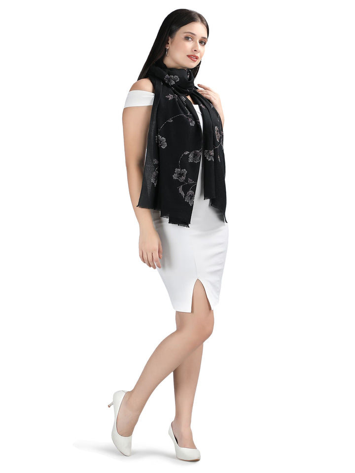 Jaal Crystals 100% Fine Wool Stole - 317- Black