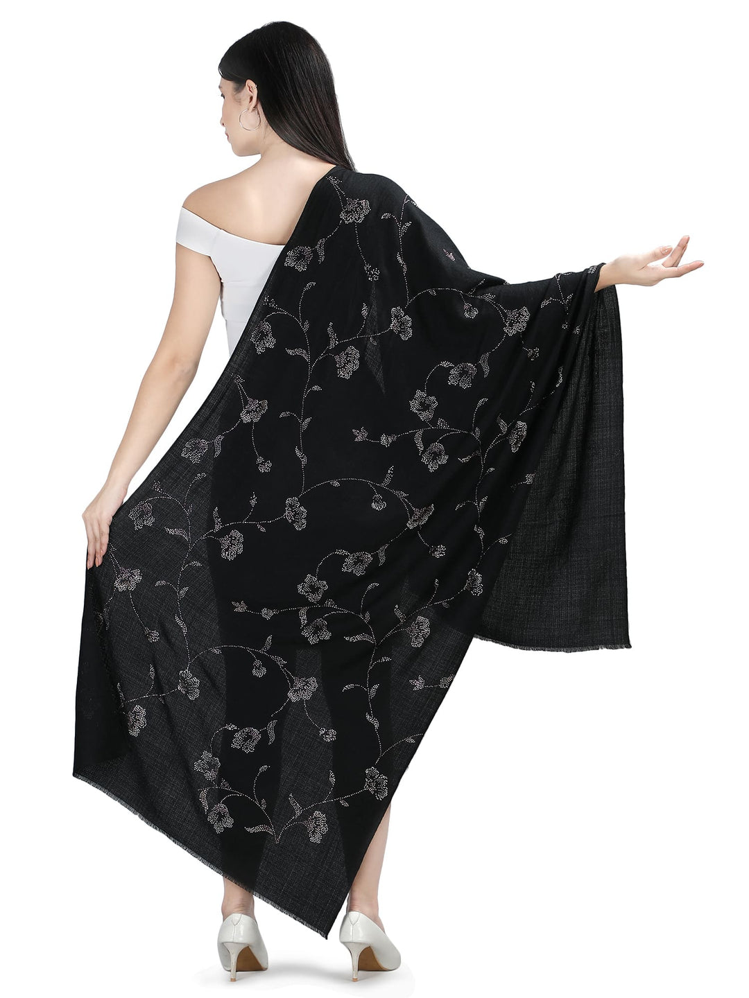 Jaal Crystals 100% Fine Wool Stole - 317- Black