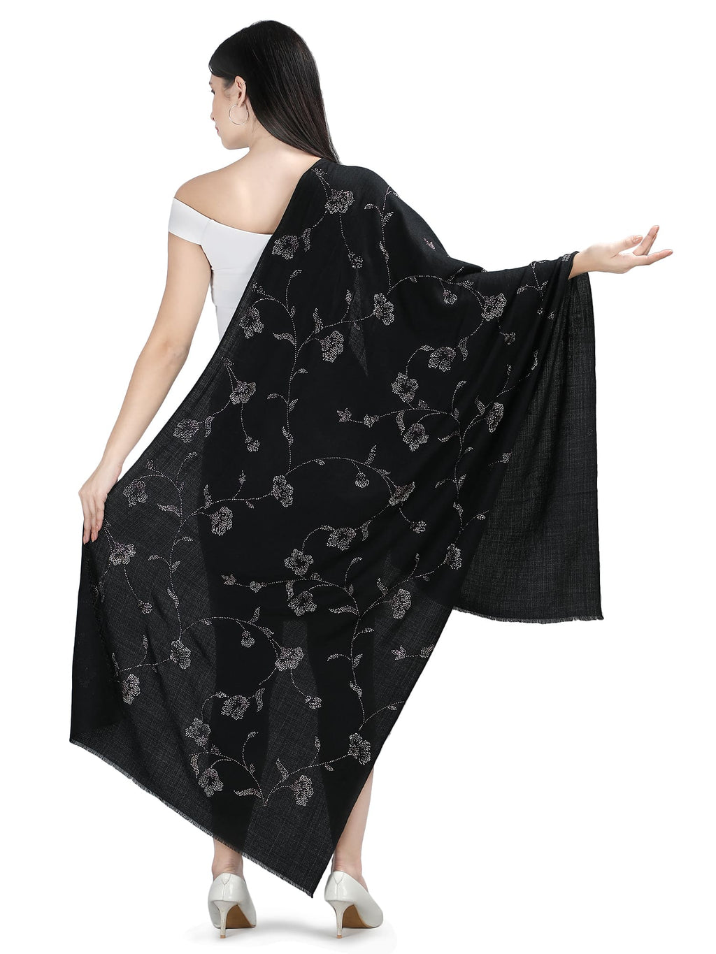 Jaal Crystals 100% Fine Wool Stole - 317- Black