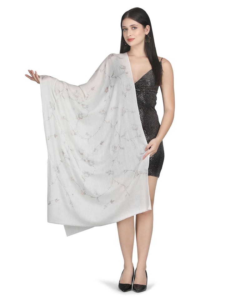Jaal Crystals 100% Fine Wool Stole - 318- White