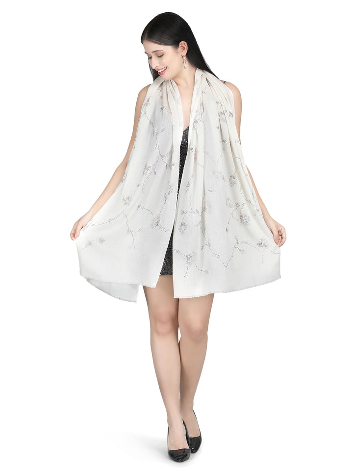 Jaal Crystals 100% Fine Wool Stole - 318- White