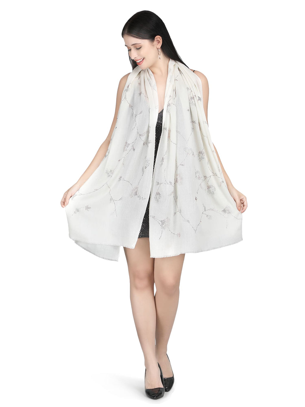Jaal Crystals 100% Fine Wool Stole - 318- White