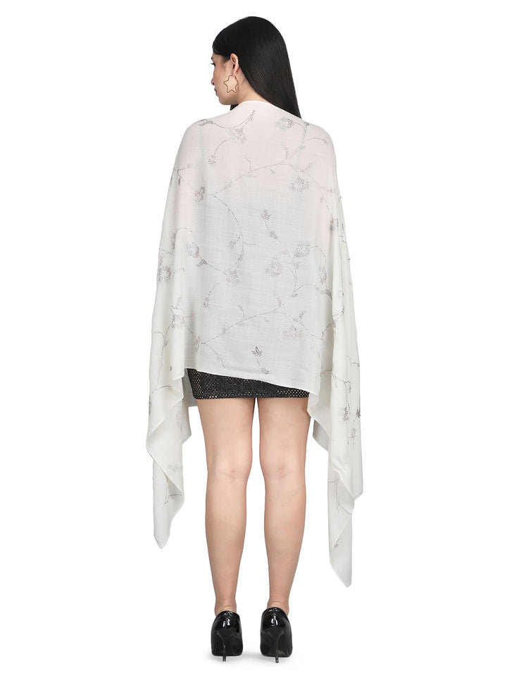 Jaal Crystals 100% Fine Wool Stole - 318- White