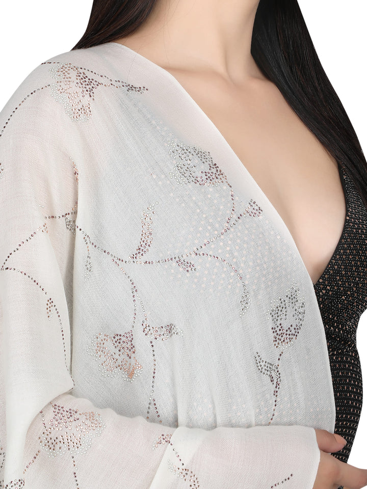 Jaal Crystals 100% Fine Wool Stole - 318- White
