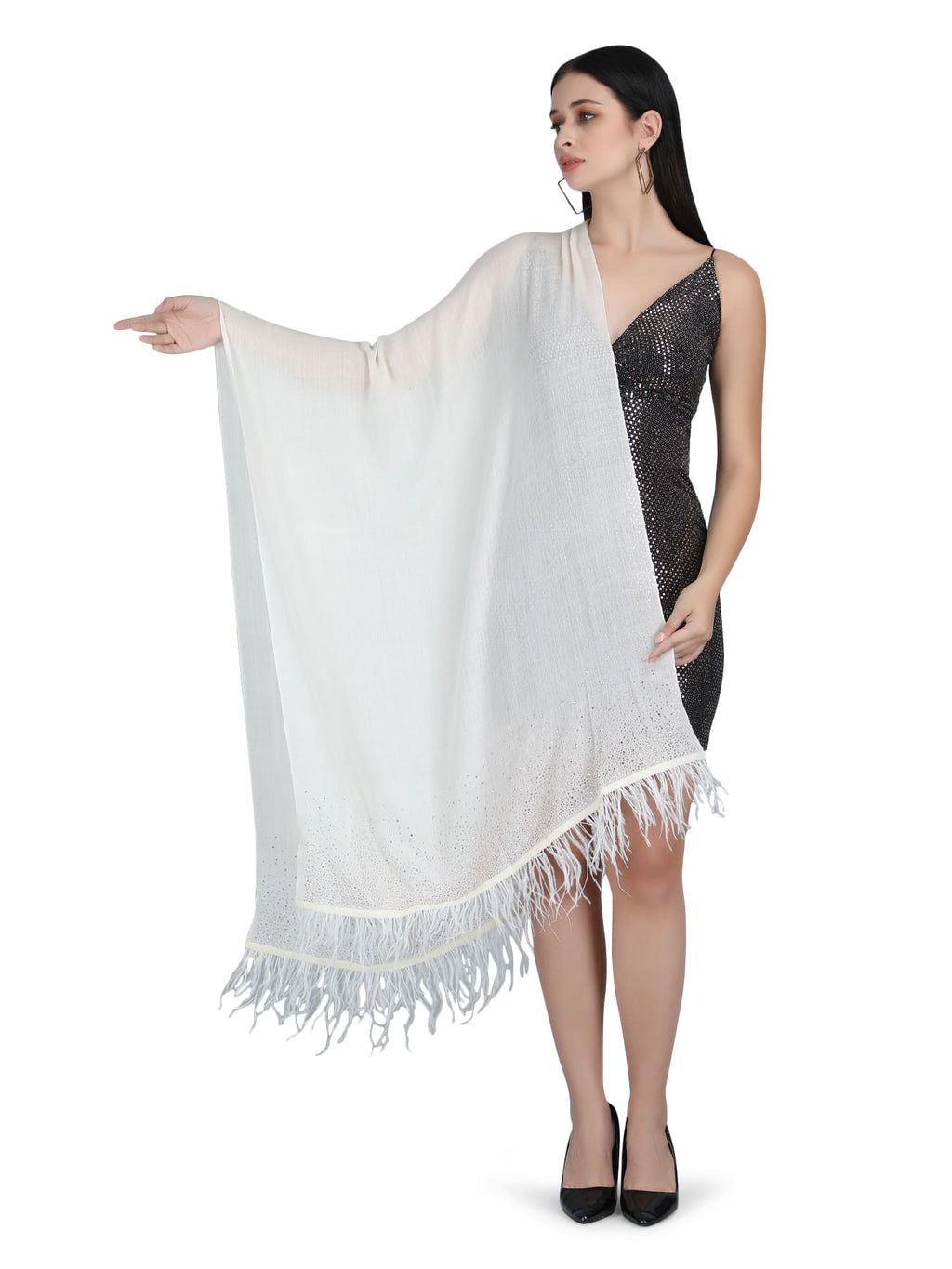 Crystal & Feather Fine Wool Stole - Ivory