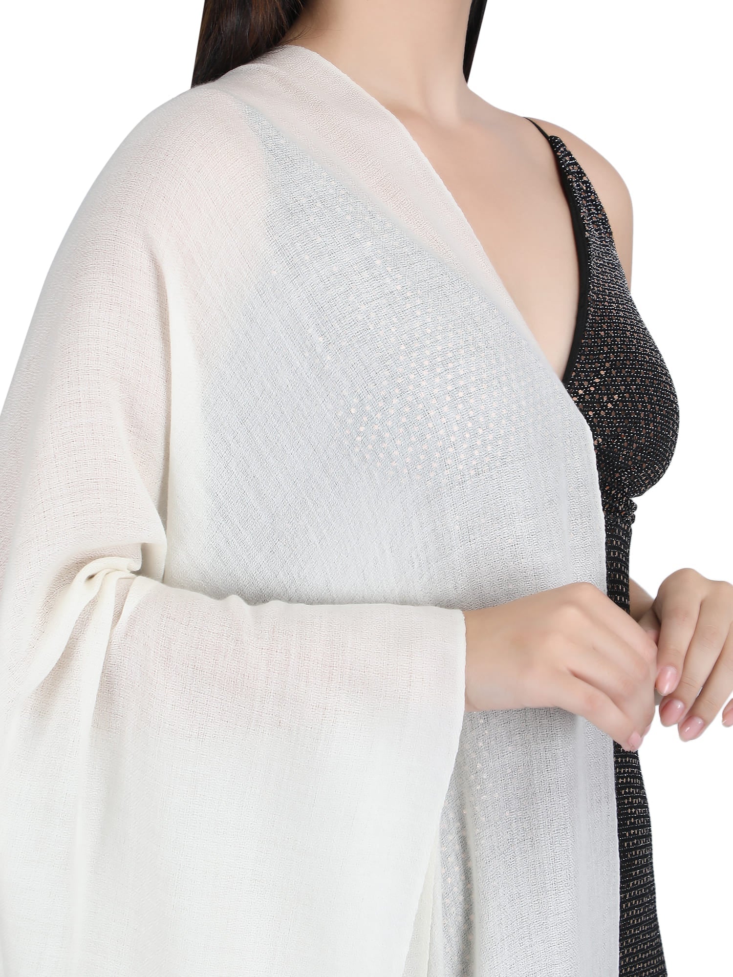 Crystal & Feather Fine Wool Stole - Ivory