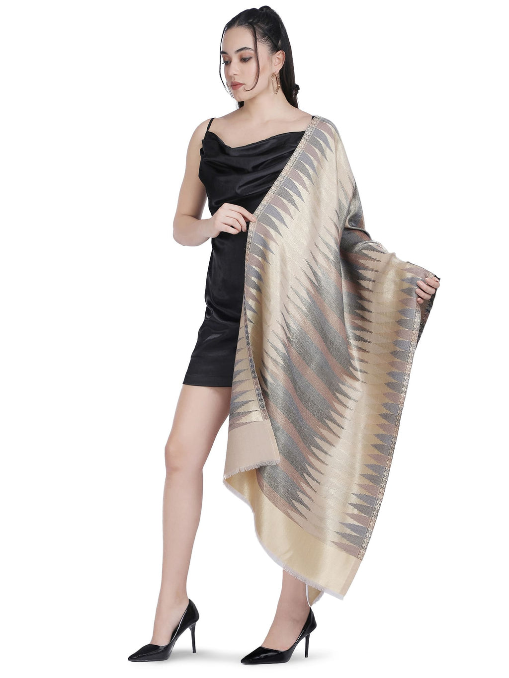 Beige & Brown Zari Leheriya Stole - Reversible- 328