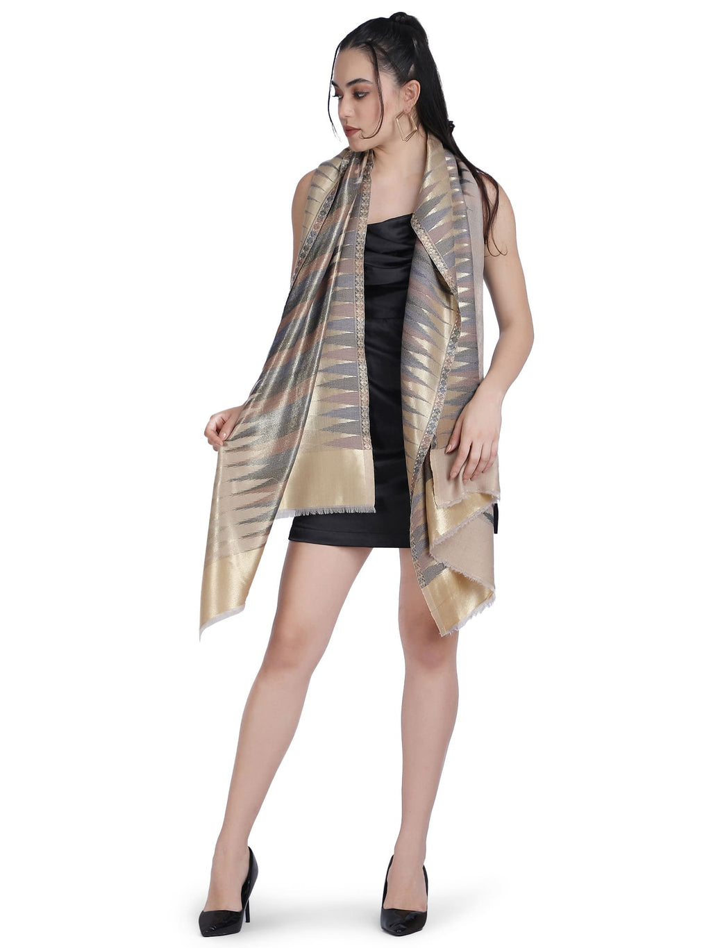 Beige & Brown Zari Leheriya Stole - Reversible- 328