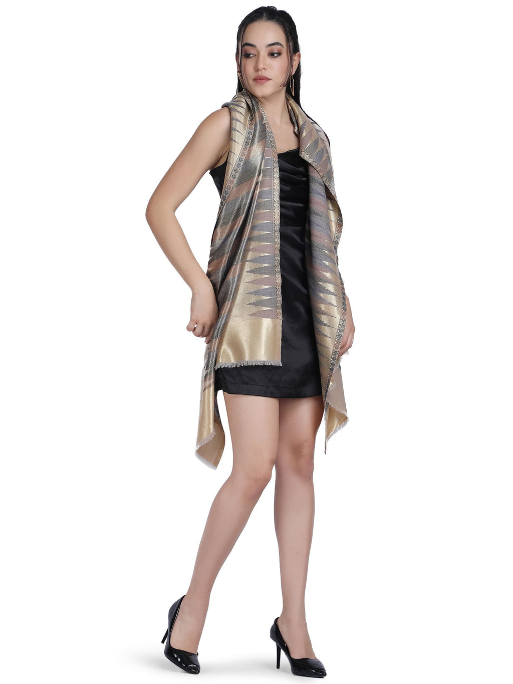 Beige & Brown Zari Leheriya Stole - Reversible- 328