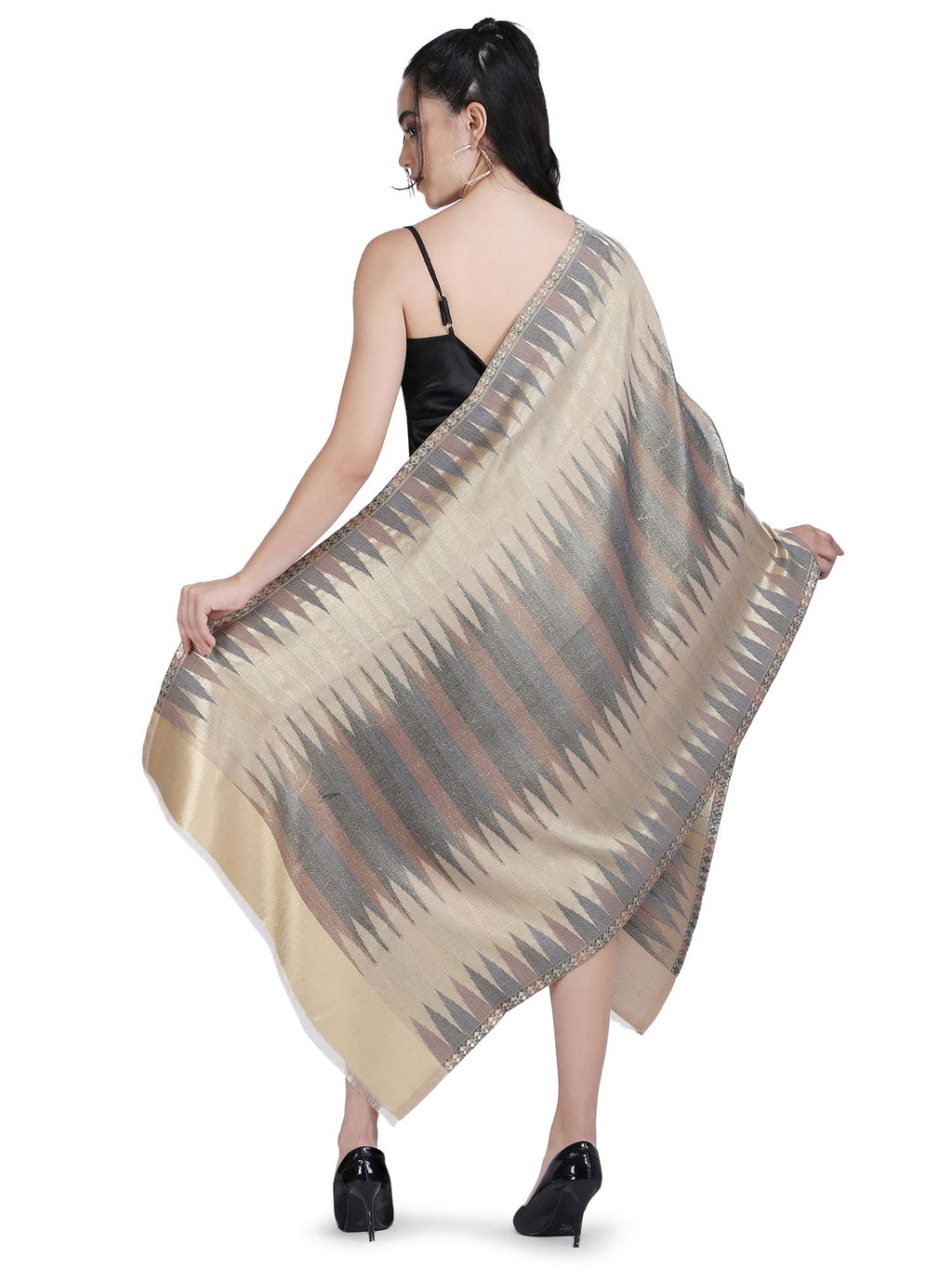 Beige & Brown Zari Leheriya Stole - Reversible- 328