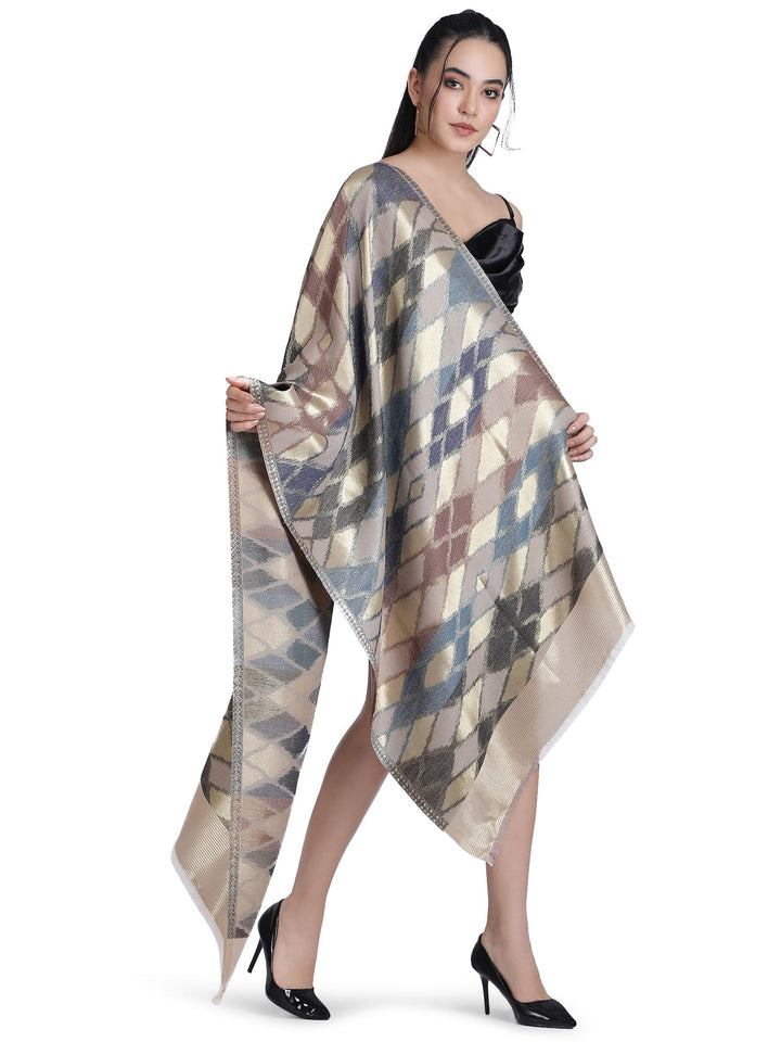 Noor Zari Ikat Weave 100% Fine Wool Stole- Brown & Beige- 330