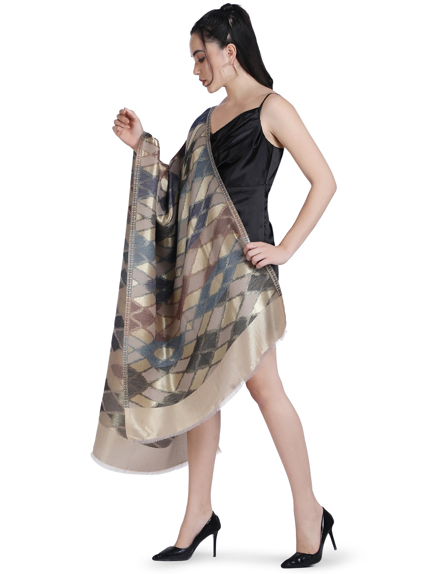 Noor Ikat Weave Shawl With Zari - Brown & Beige- 157