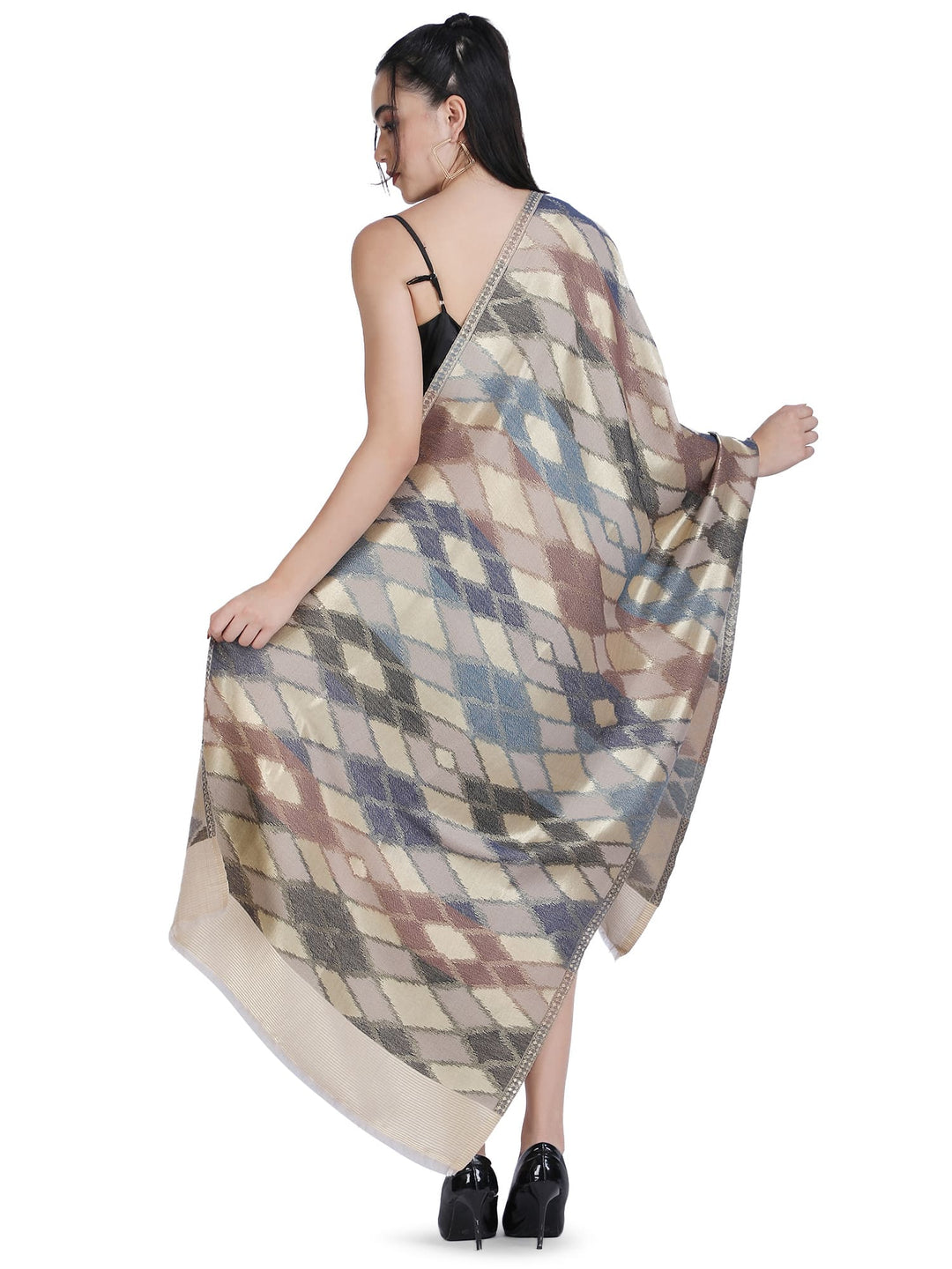 Noor Zari Ikat Weave 100% Fine Wool Stole- Brown & Beige- 330