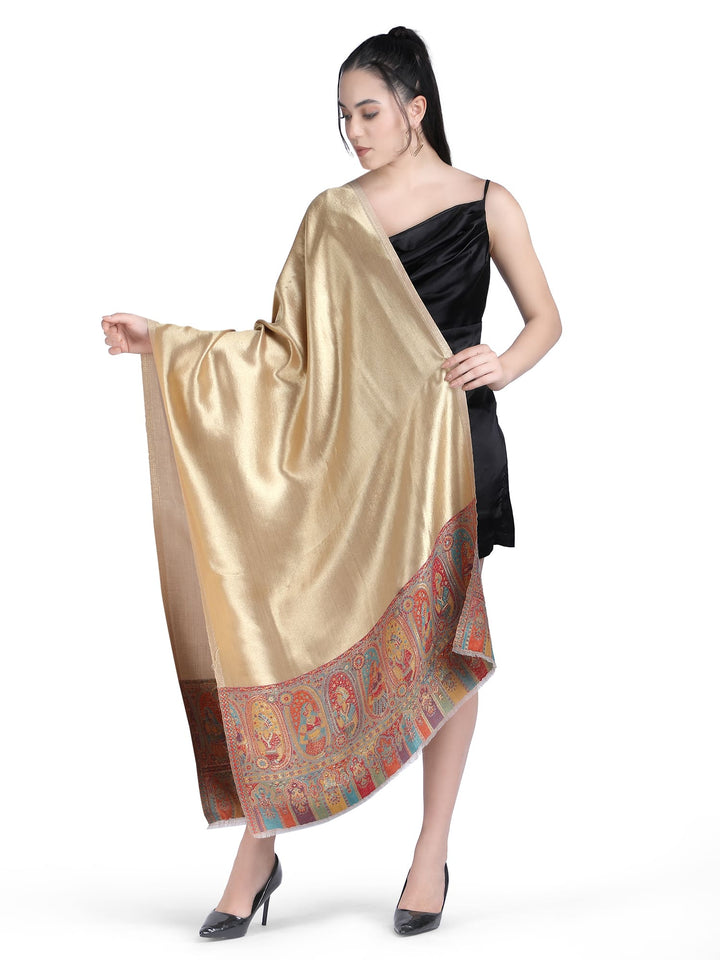 Zari Reversible Kani Border Stole - Beige- 331