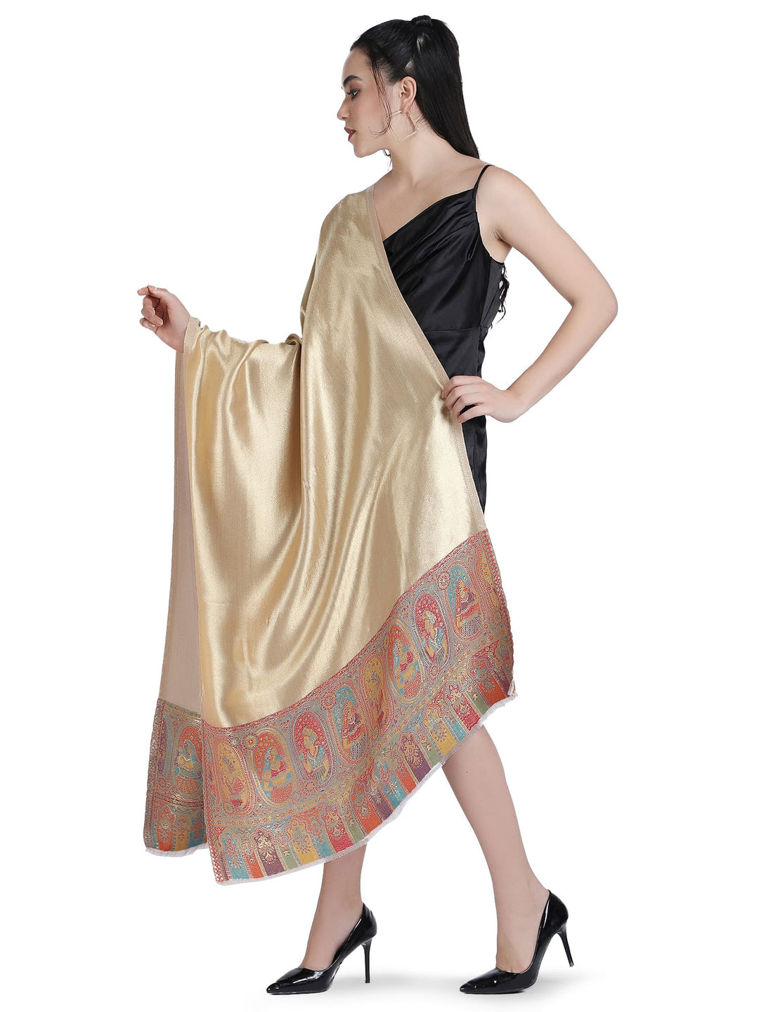 Zari Reversible Kani Border Stole - Beige- 331