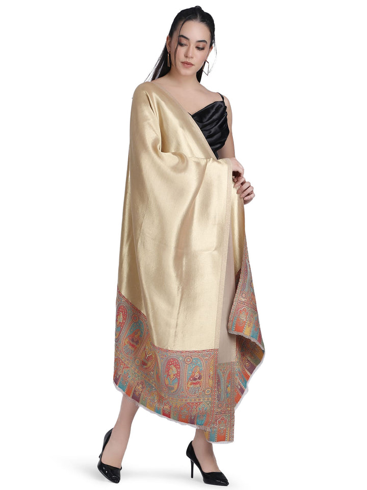 Zari Reversible Kani Border Stole - Beige- 331