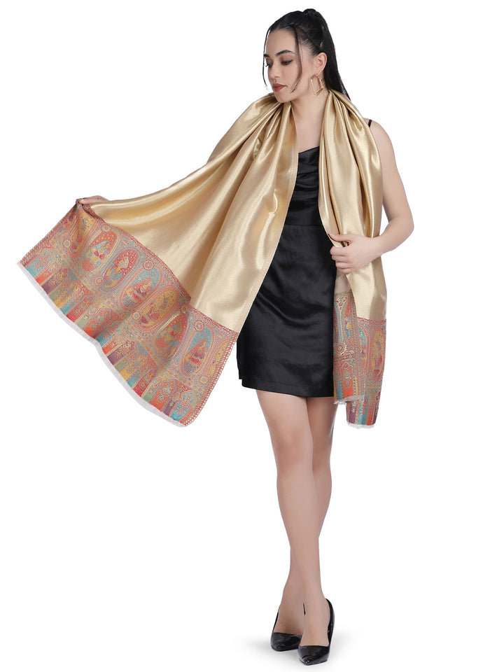 Zari Reversible Kani Border Stole - Beige- 331