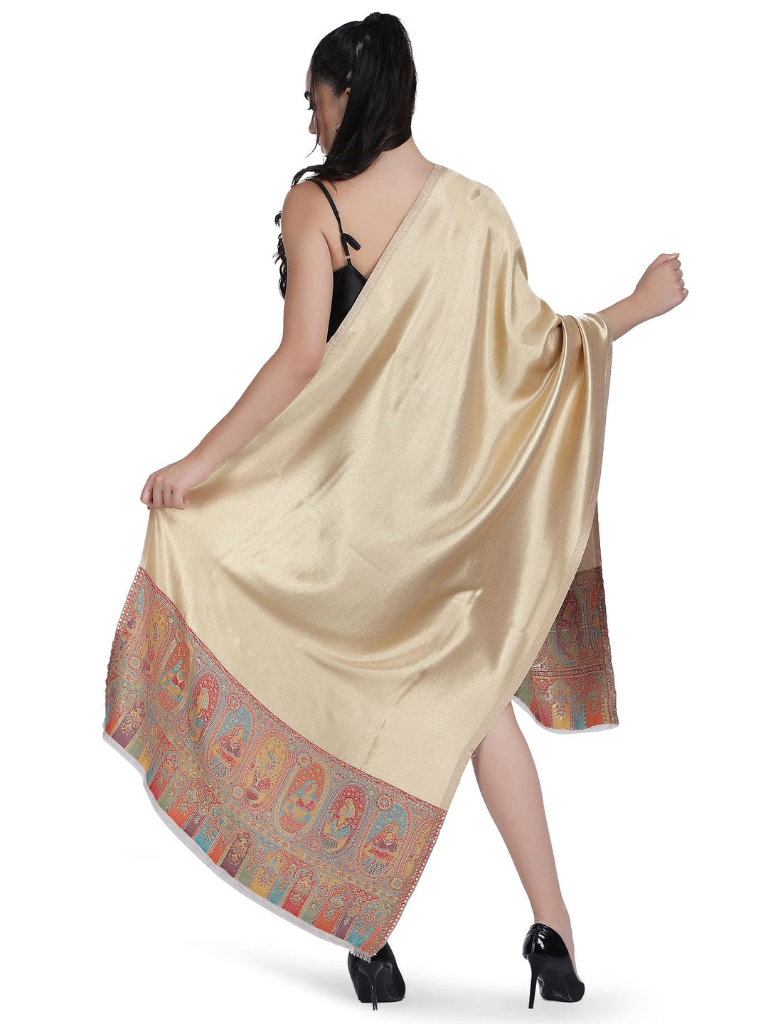 Zari Reversible Kani Border Stole - Beige- 331