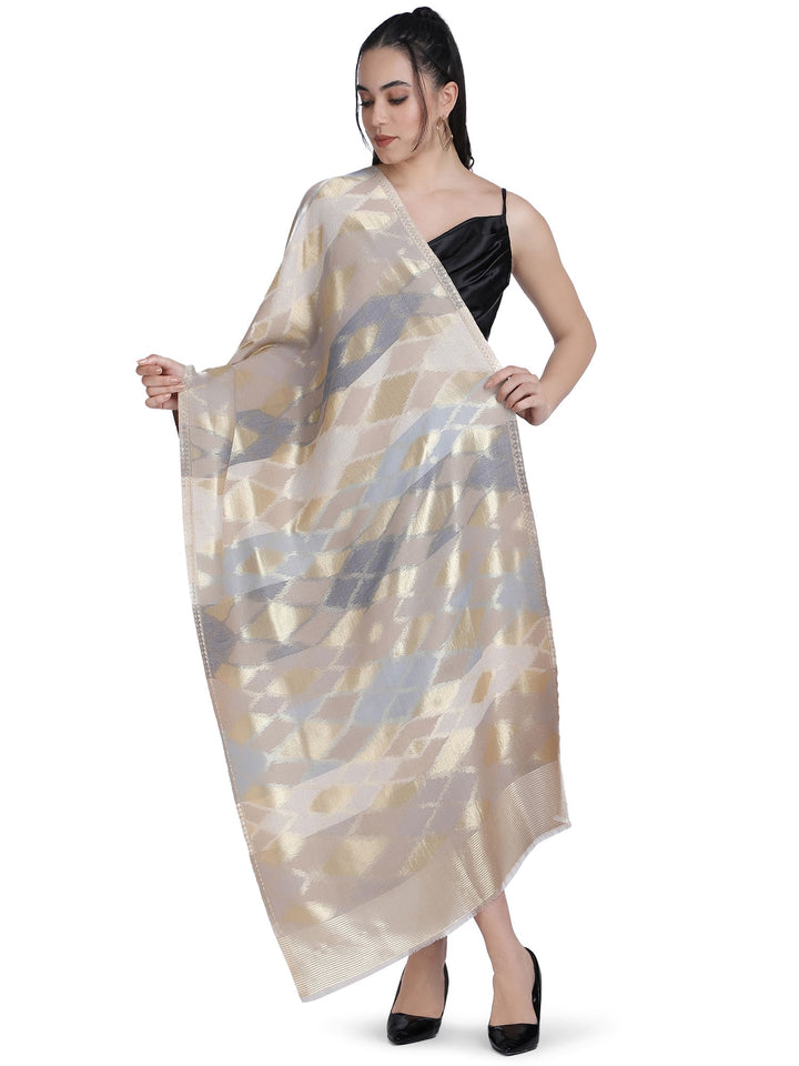Noor Zari Ikat Weave 100% Fine Wool Stole - Beige -  332