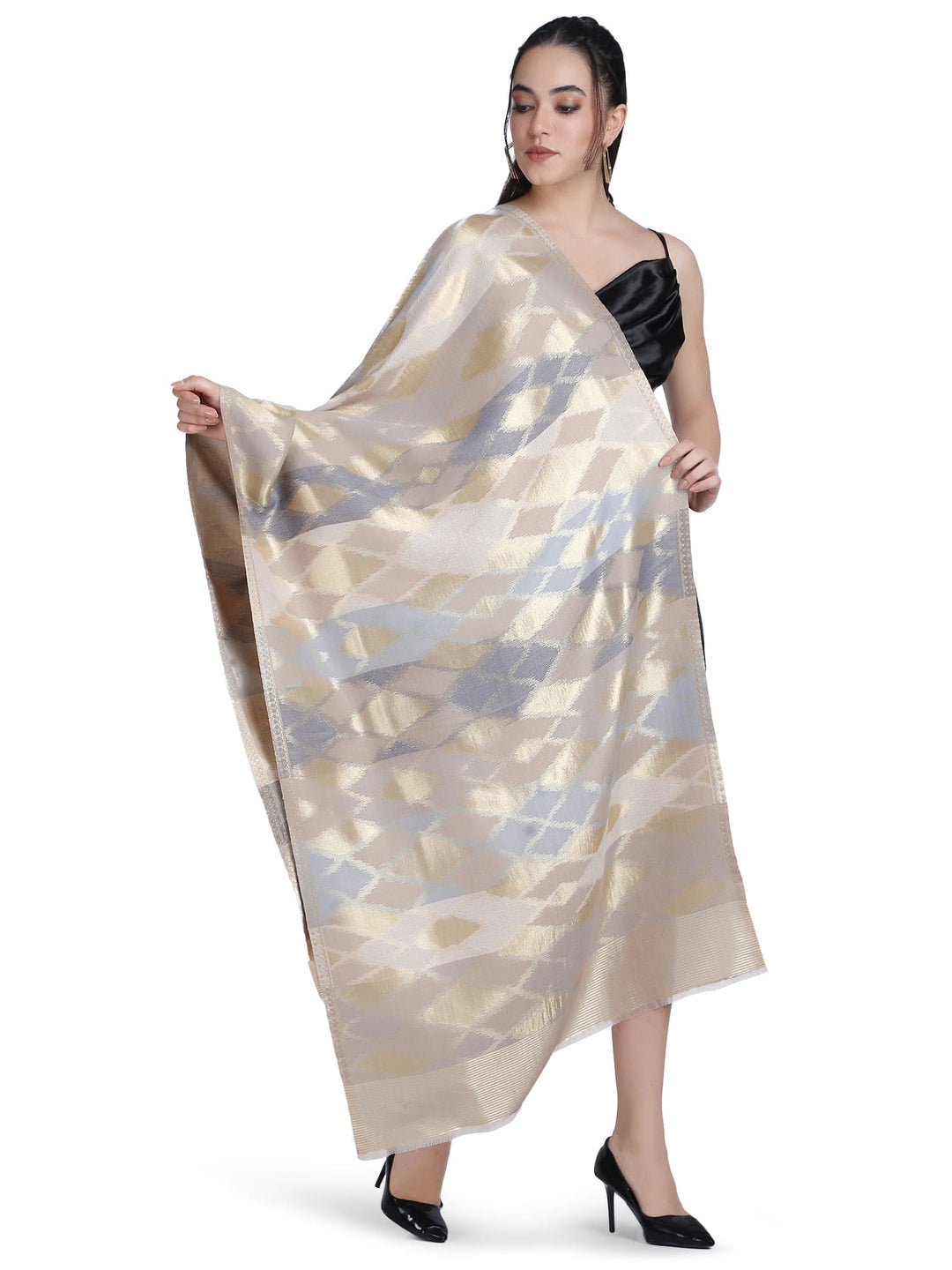 Noor Zari Ikat Weave 100% Fine Wool Stole - Beige -  332