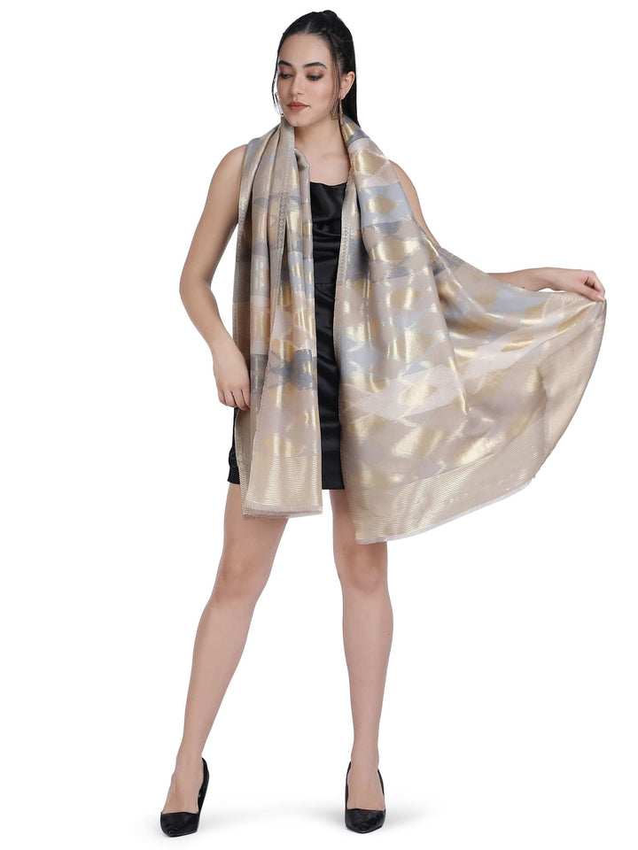 Noor Zari Ikat Weave 100% Fine Wool Stole - Beige -  332