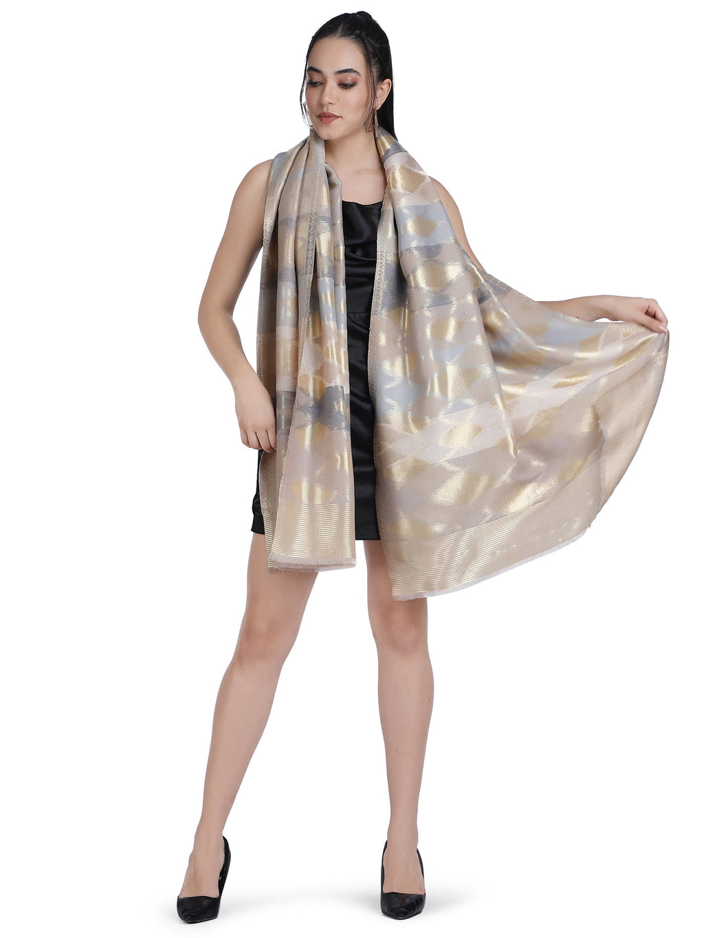 Noor Zari Ikat Weave 100% Fine Wool Shawl - Beige -  160