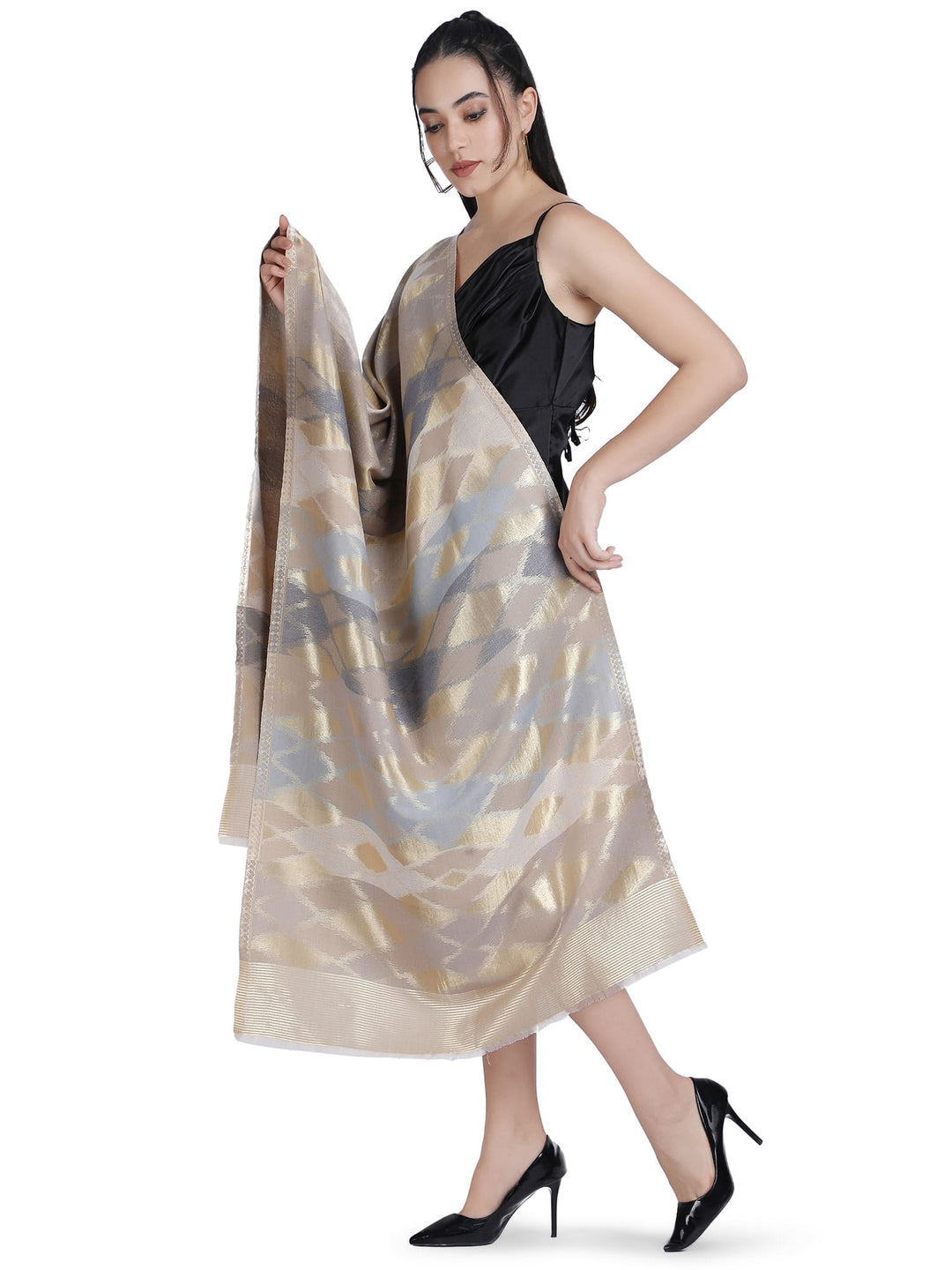 Noor Zari Ikat Weave 100% Fine Wool Stole - Beige -  332