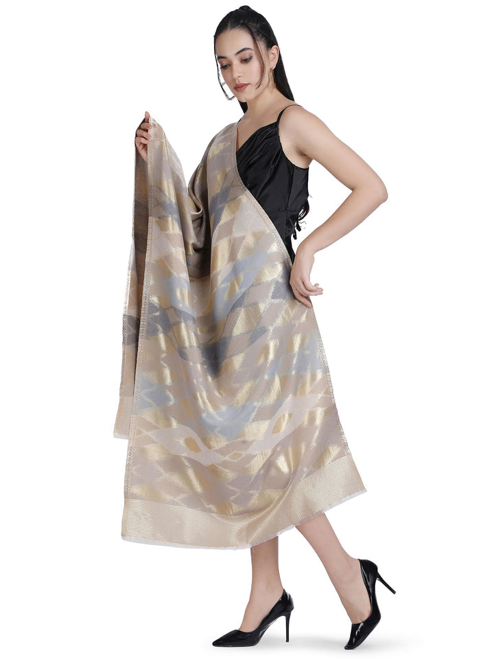 Noor Zari Ikat Weave 100% Fine Wool Stole - Beige -  332