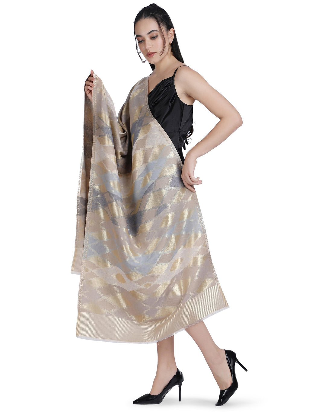 Noor Zari Ikat Weave 100% Fine Wool Shawl - Beige -  160