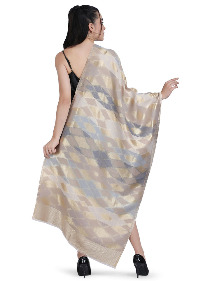Noor Zari Ikat Weave 100% Fine Wool Stole - Beige -  332