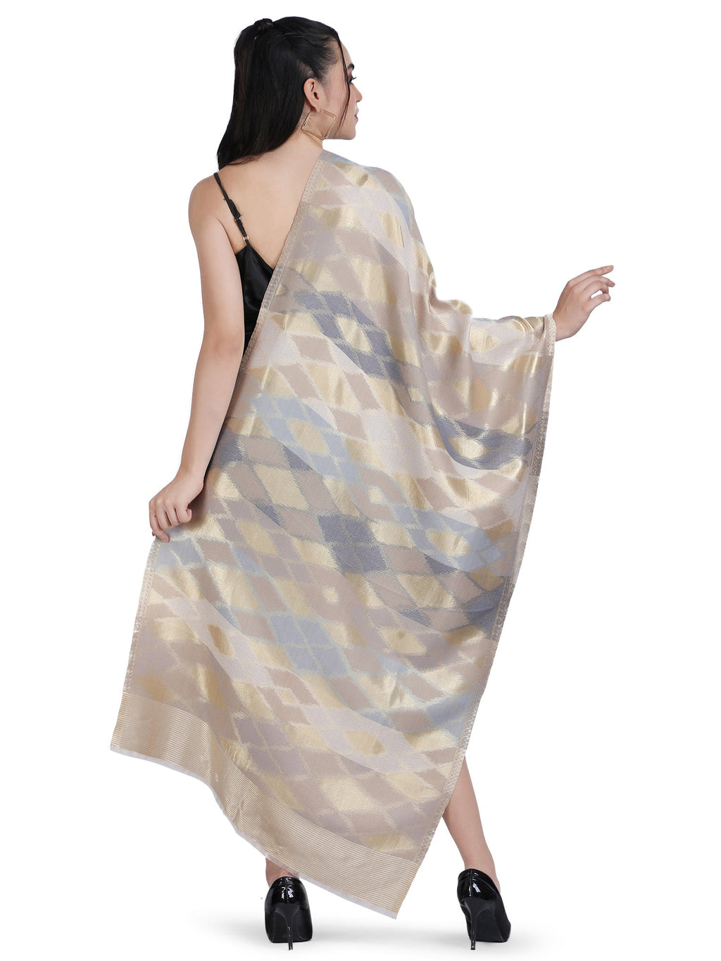 Noor Zari Ikat Weave 100% Fine Wool Shawl - Beige -  160