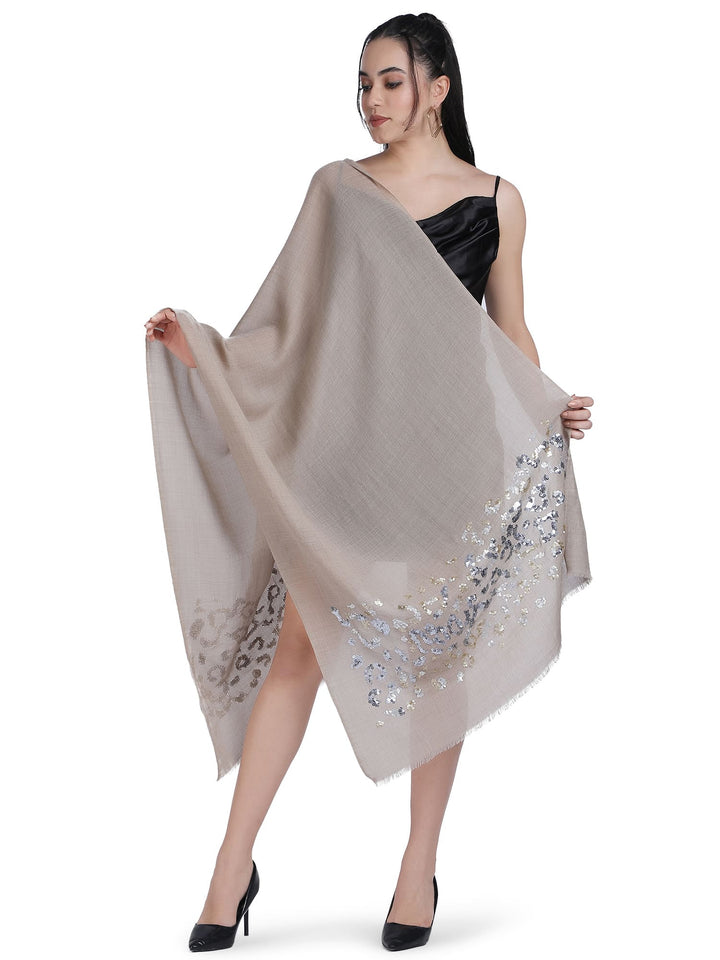 Animal Sequins 100% Fine Wool Stole - (Beige) - 333