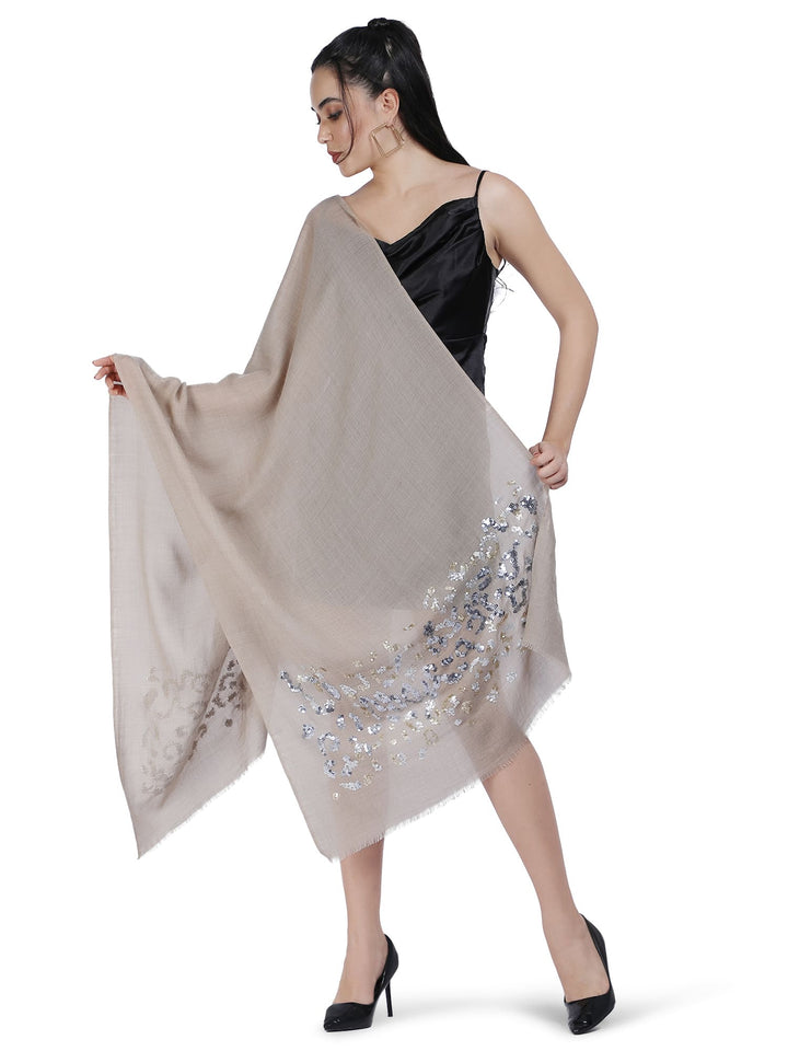 Animal Sequins 100% Fine Wool Stole - (Beige) - 333