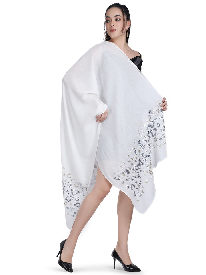 Animal Sequins 100% Fine Wool Stole - (White) - 334