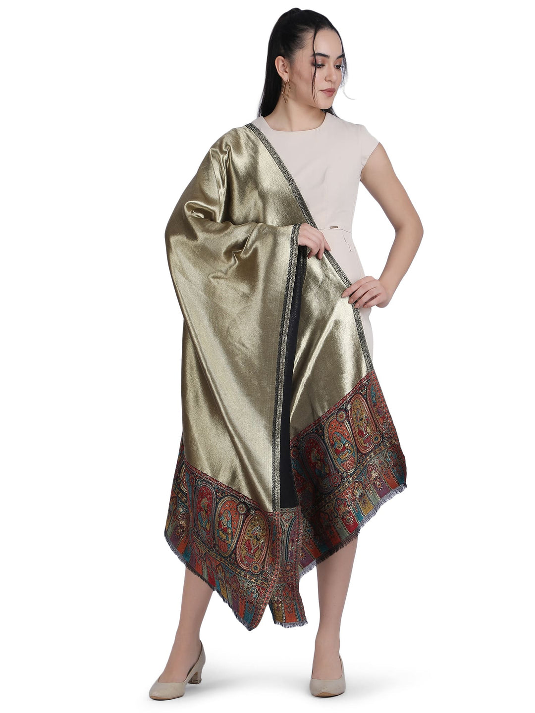 Zari Reversible Kani Border 100% Fine Wool Stole - Black- 336