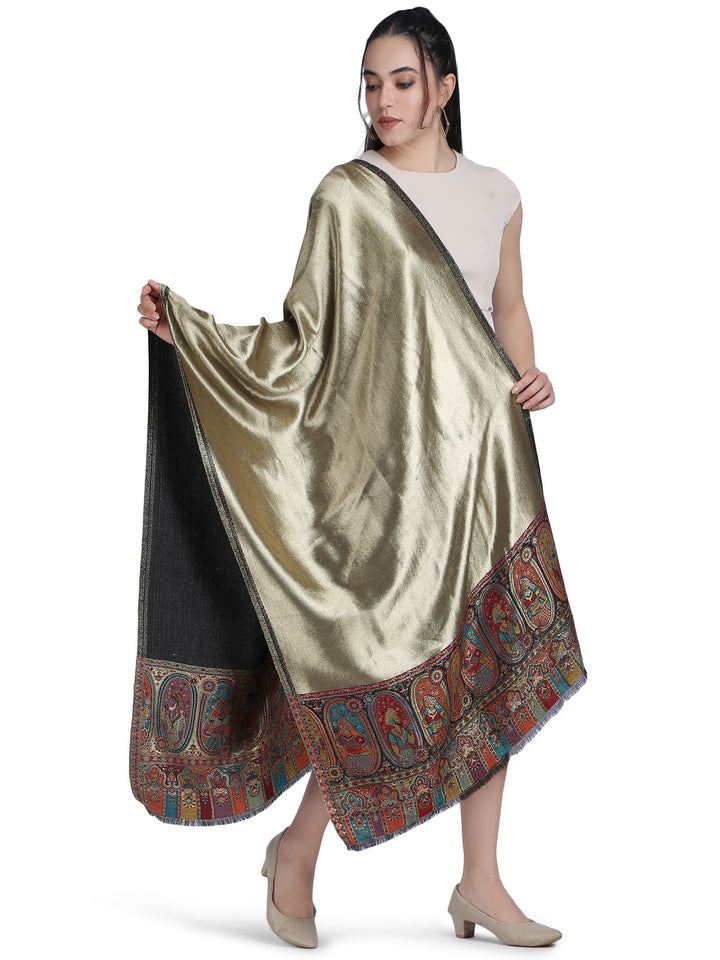 Zari Reversible Kani Border 100% Fine Wool Stole - Black- 336