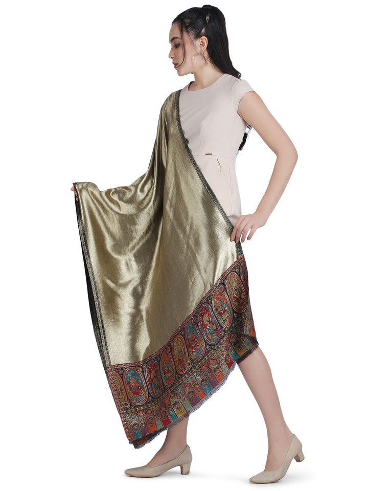 Zari Reversible Kani Border 100% Fine Wool Stole - Black- 336