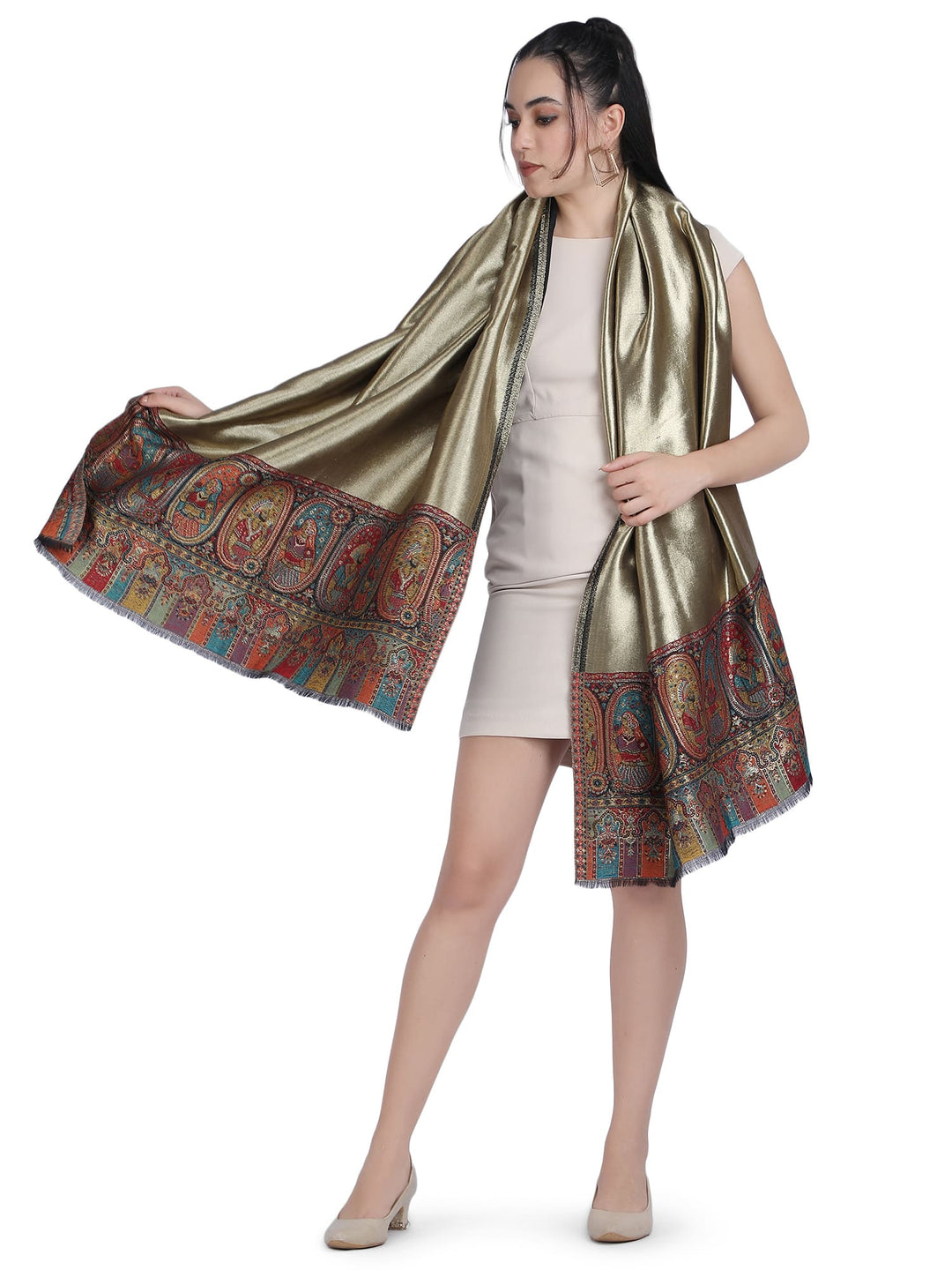 Zari Reversible Kani Border 100% Fine Wool Stole - Black- 336