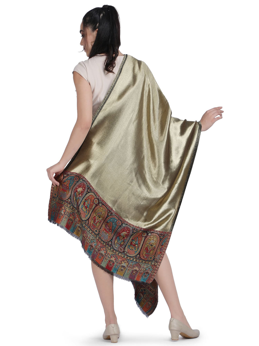 Zari Reversible Kani Border 100% Fine Wool Stole - Black- 336