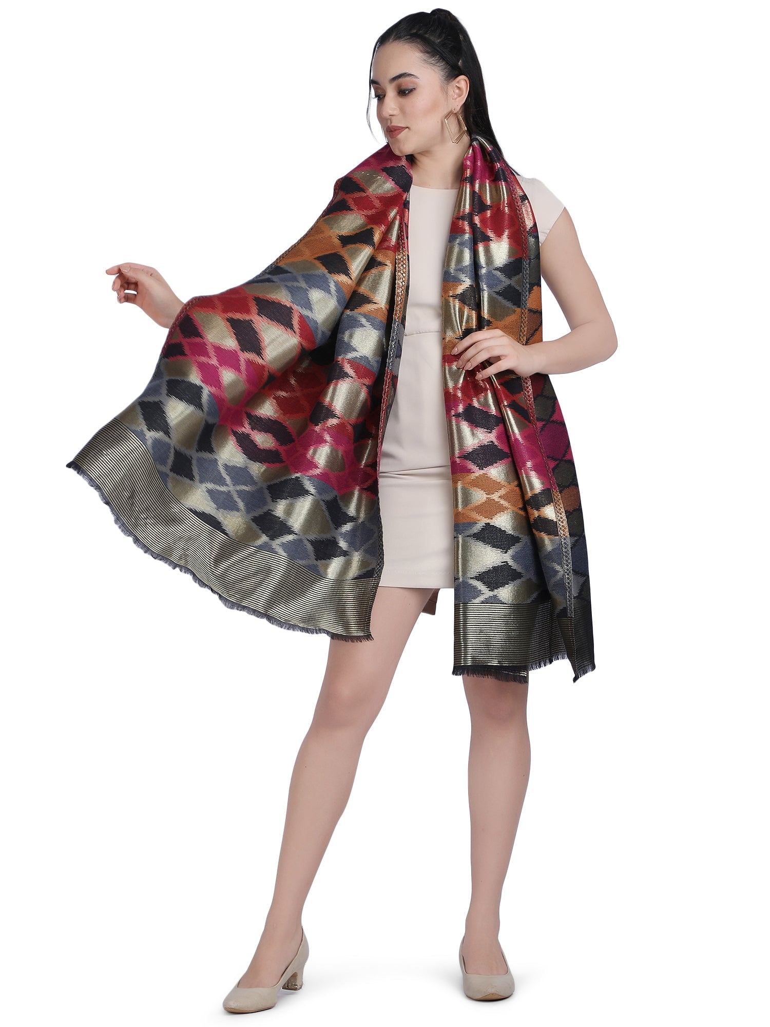 Noor Zari Ikat Weave 100% Fine Wool Stole - Multicolour- 338