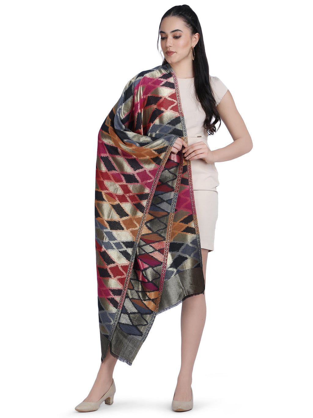 Noor Ikat Weave Shawl With Zari - Multicolour-156