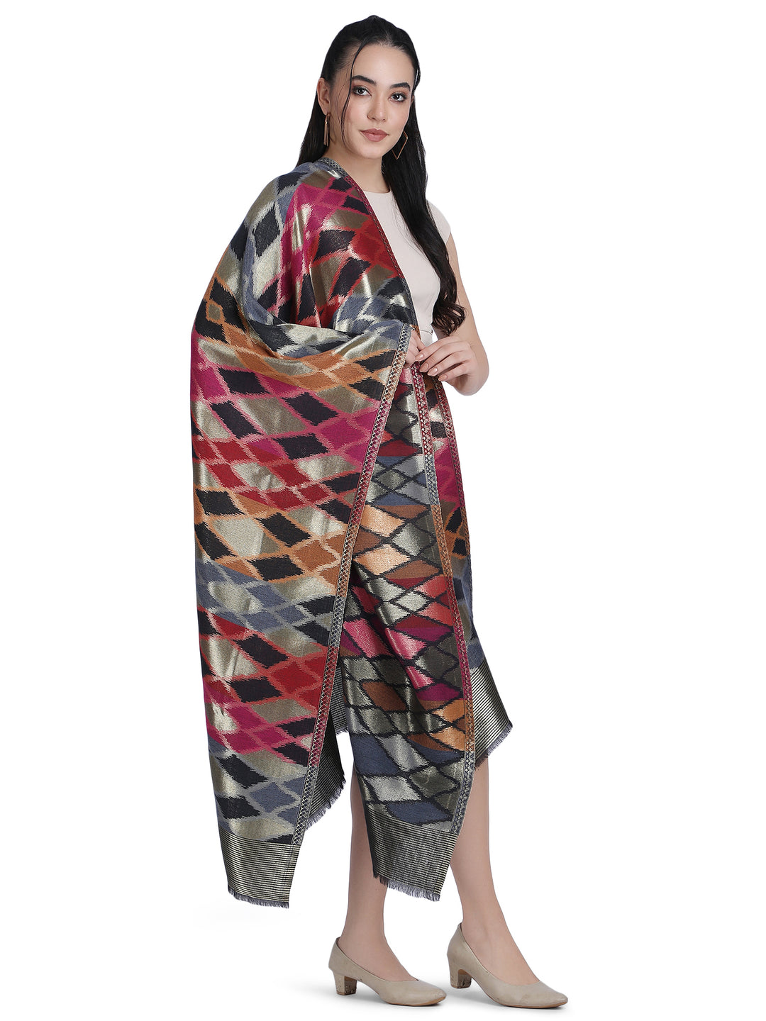 Noor Ikat Weave Shawl With Zari - Multicolour-156