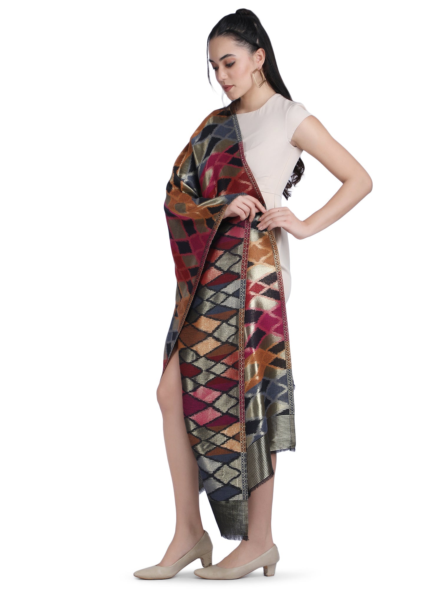 Noor Zari Ikat Weave 100% Fine Wool Stole - Multicolour- 338